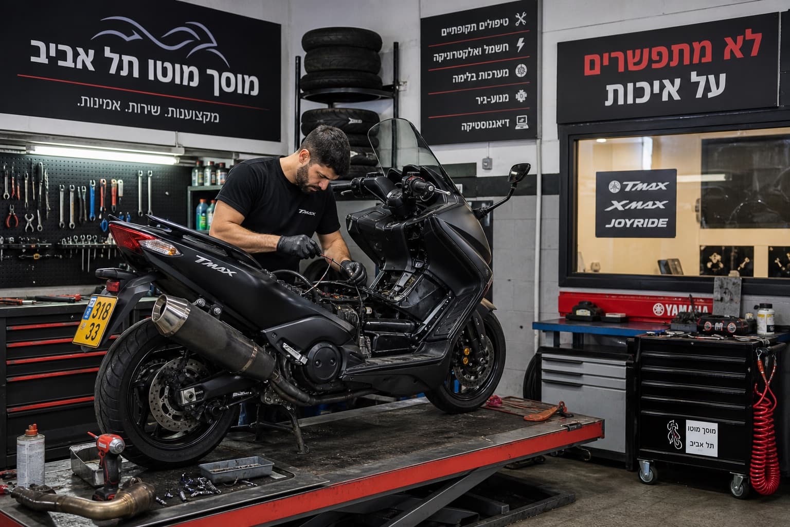 מכונאי של motorisrael בעבודה על אופנוע